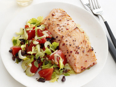 salmon and salad on a plate